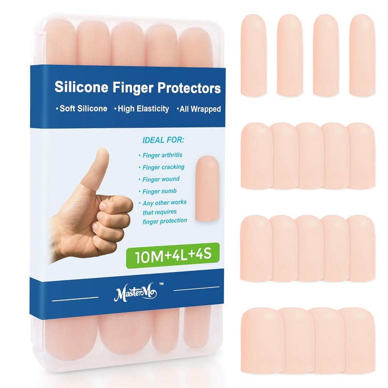 MasterMo Gel Finger Cots Protectors, Silicone Fingers Covers Bandages Caps Sleeves for Fingertip Thumb Protection, Ideal for Trigger, Arthritis, Cracking, Blisters, Callus, Hangnail & Pain Relief (Nude, 10M+4L+4S) - Image 1